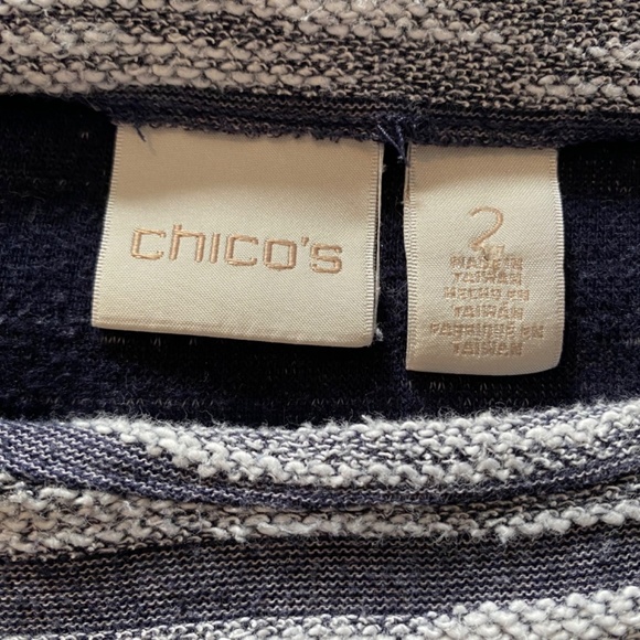 BUY 2 ITEMS GET 1 FREE - Chico’s White Heather and Blue Striped Fringed Top Sz L - Picture 6 of 6